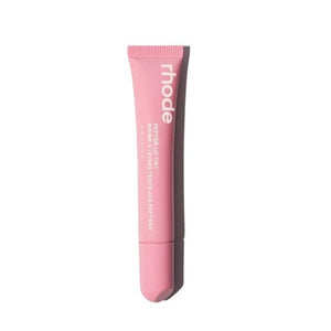 R. Beauty Peptide Lip Tint Ribbon with smooth, tinted lips in a natural makeup look, showcasing the product's soft, glossy finish.