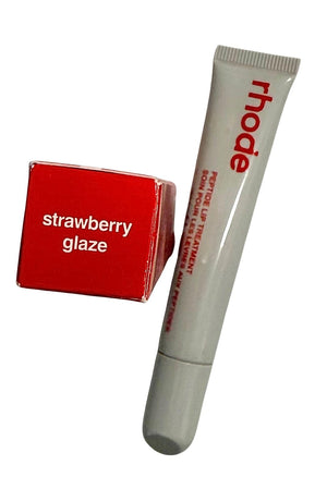 R. Beauty Peptide Lip Treatment in Strawberry Glaze, moisturizing makeup product with glossy strawberry-colored lips.
