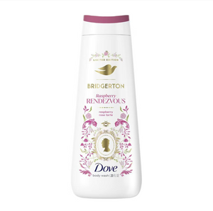 Dove Body Wash Bridgerton Raspberry Rendezvous with lush raspberry scent and elegant packaging in a clear bottle.
