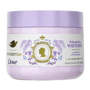 Dove Body Scrub Bridgerton Whispering Wisteria in a makeup container with floral packaging and product label visible.