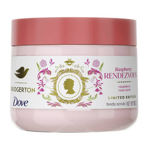 Dove Body Scrub Bridgerton Raspberry Rendezvous with exfoliating texture and raspberry scent, shown in a makeup product container.