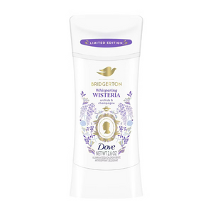 Dove Whispering Wisteria deodorant stick with floral packaging, showing the product in a close-up view.