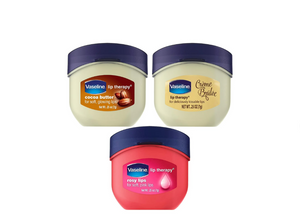 Vaseline Lip Therapy bundle featuring Creme Brulee, Rosy Lips, and Cocoa Butter lip balms in sleek packaging.