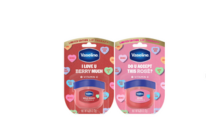 Vaseline Limited Edition Rosé and Wild Berry Lip Therapy tubes, featuring colorful packaging and lip balm containers.