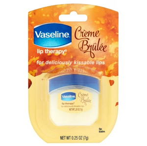 Vaseline Lip Therapy Creme Brulee in a small jar, displaying smooth, glossy lip balm with a creamy caramel scent.