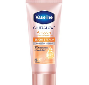 Vaseline GlutaGlow Ampoule Deodorant Bright Renew makeup product, featuring sleek packaging and applicator for skin brightening.
