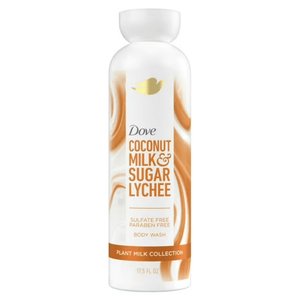Dove Coconut & Lychee Body Wash bottle with label, showing the creamy texture and fresh coconut and lychee scent.