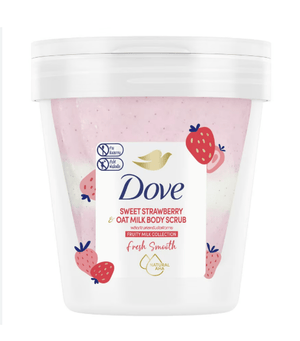 Dove Sweet Strawberry Oat Milk body scrub with exfoliating texture and natural ingredients in a jar for smooth skin.