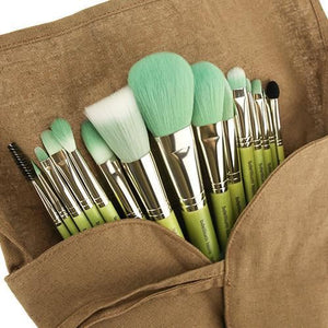 Green Bdellium Tools Bambu Complete 15-piece makeup brush set with various brush types for makeup application.