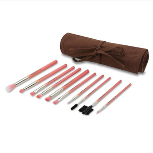 Pink Bambu Eyes 10-piece makeup brush set by Bdellium Tools, featuring soft natural bristles and sleek pink handles.
