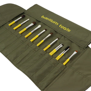 Set of 12 Bdellium Tools Travel Line Eyes makeup brushes arranged in a compact case for eye makeup application.