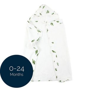 Bebe Au Lait Sagauro baby hooded towel with soft fabric, featuring a cute hood and colorful pattern for baby bath time.