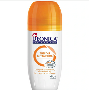 Deonica Energy of Vitamins deodorant in sleek packaging, designed for fresh, energetic scent and skin comfort.