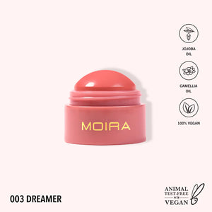 Moira Beauty Soft Blush Dreamer makeup product with pink-toned powder in a sleek compact.