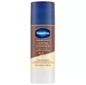 Vaseline Cocoa Shimmer Jelly Stick makeup with cocoa-colored, shimmery formula in a sleek stick for easy application