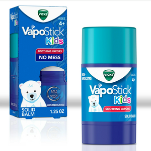 Vicks VapoStick Kids makeup product showing a colorful tube with a child-friendly design and Vicks branding.