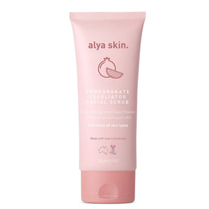 Alya Skin Pomegranate Facial Exfoliator makeup product with a sleek label, designed to gently exfoliate and refresh the skin.