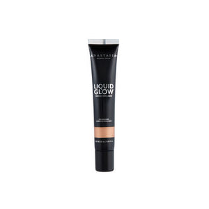 Anastasia Beverly Hills Liquid Glow Peach Fizz makeup highlighter in a sleek tube, showcasing its peachy shimmering color.