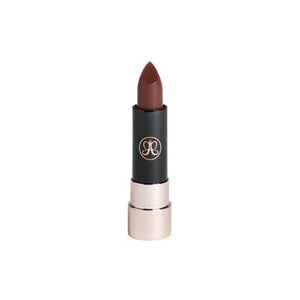 Anastasia Beverly Hills matte lipstick in Brandy shade, showing the sleek lipstick tube with the product label.