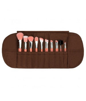Pink Bambu Complete 14-piece makeup brush set by Bdellium Tools, with soft brushes for foundation, eyes, and cheeks.
