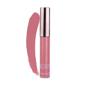 Girlactik Matte Lip Paint in Starlet, showcasing vibrant coral-orange lipstick on model lips for a bold makeup look.