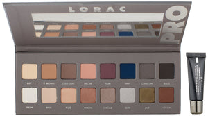 Lorac Pro 2 makeup palette with neutral and bold eyeshadow shades, featuring a sleek compact design.