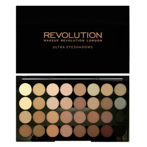 Makeup Revolution Ultra 32 Shade Eyeshadow Palette with a variety of colorful and neutral eyeshadow shades arranged in a sleek palette.