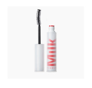 Milk RISE Mascara in makeup tube with wand, featuring black bristles for volumizing and lengthening eyelashes.