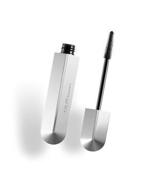 r.e.m beauty lengthening mascara with wand applying black mascara to eyelashes, makeup product for longer, fuller lashes