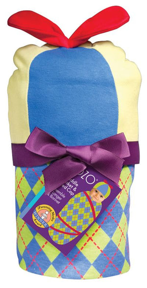 Soft baby argyle swaddle blanket and cap by Sozo, featuring a cozy, colorful argyle pattern for newborn comfort and style.